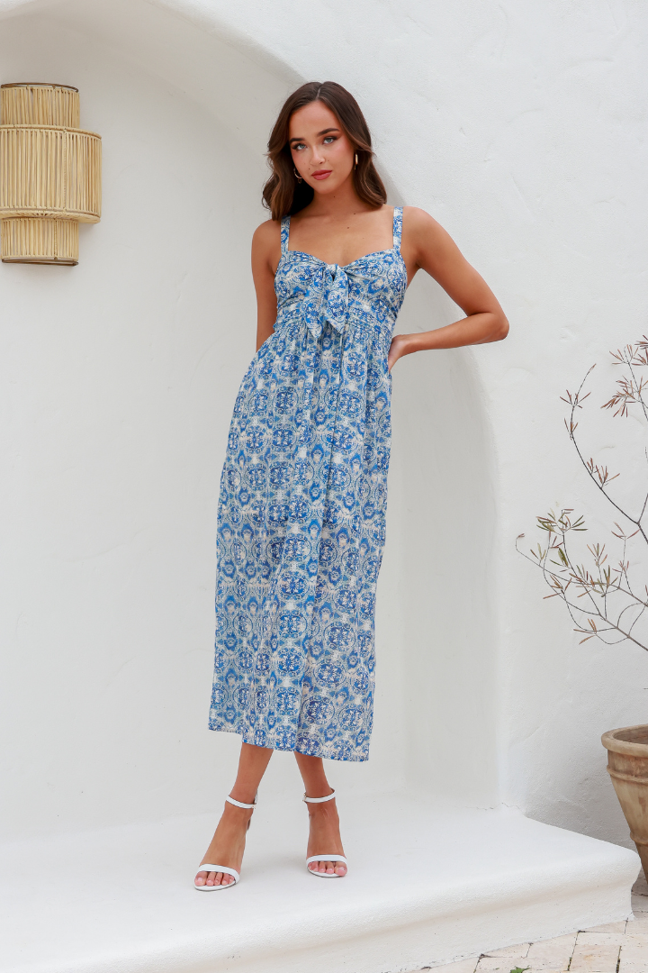 MOSAIC TIE BUST DRESS - BLUE