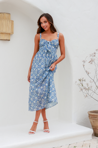 MOSAIC TIE BUST DRESS - BLUE