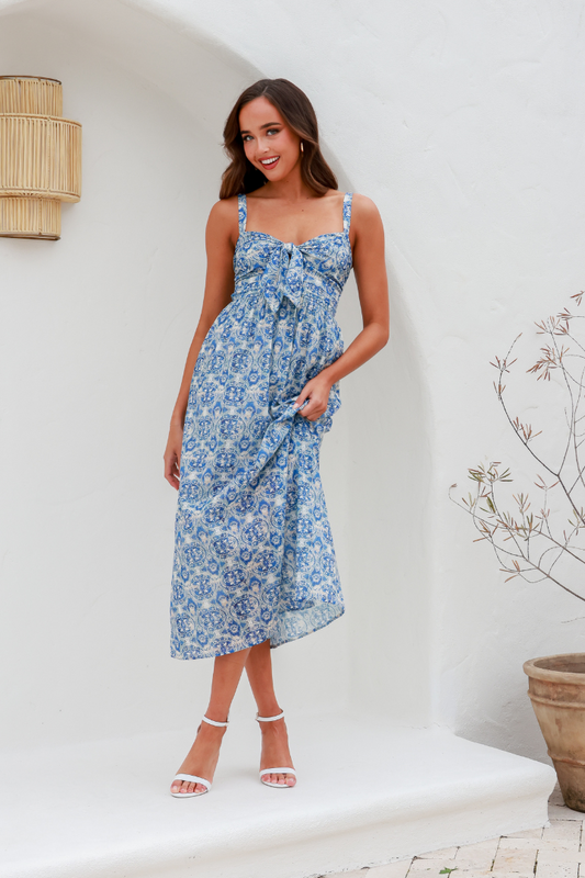 MOSAIC TIE BUST DRESS - BLUE