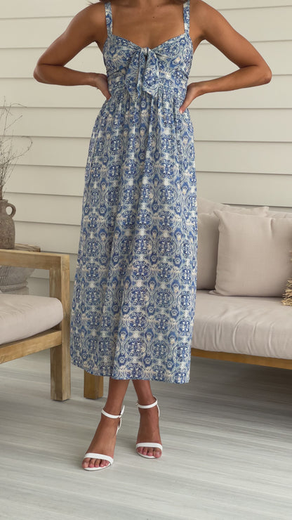 MOSAIC TIE BUST DRESS - BLUE